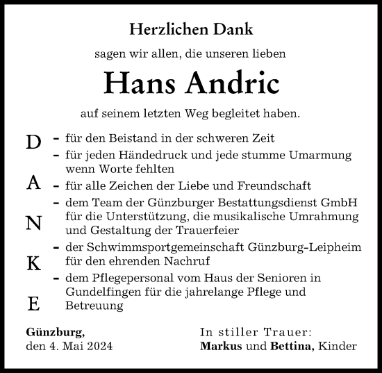 Traueranzeige von Hans Andric von Günzburger Zeitung