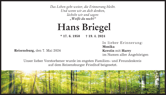 Traueranzeige von Hans Briegel von Günzburger Zeitung