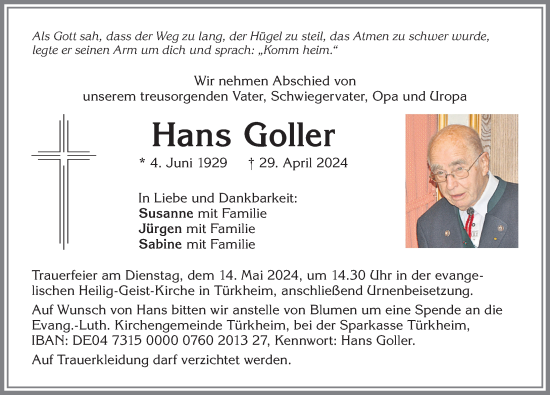 Traueranzeige von Hans Goller von Mindelheimer Zeitung