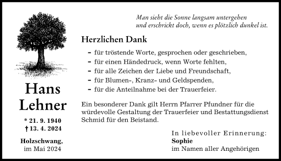 Traueranzeige von Hans Lehner von Neu-Ulmer Zeitung