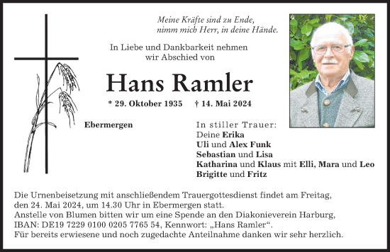 Traueranzeige von Hans Ramler von Donauwörther Zeitung