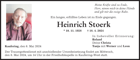 Traueranzeige von Heinrich Stoerk von Landsberger Tagblatt