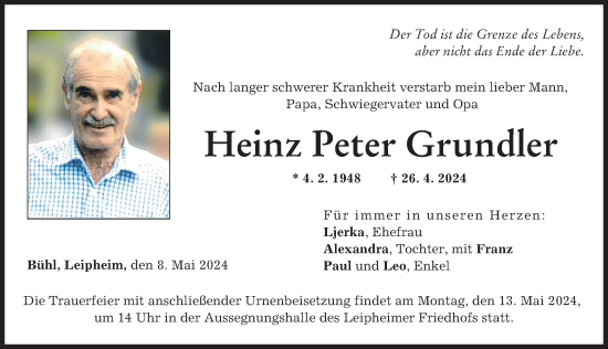 Traueranzeige von Heinz Peter Grundler von Günzburger Zeitung