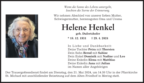Traueranzeige von Helene Henkel von Friedberger Allgemeine