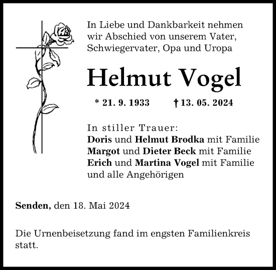 Traueranzeige von Helmut Vogel von Neu-Ulmer Zeitung