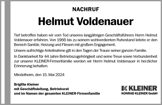 Traueranzeige von Helmut Voldenauer von Mindelheimer Zeitung