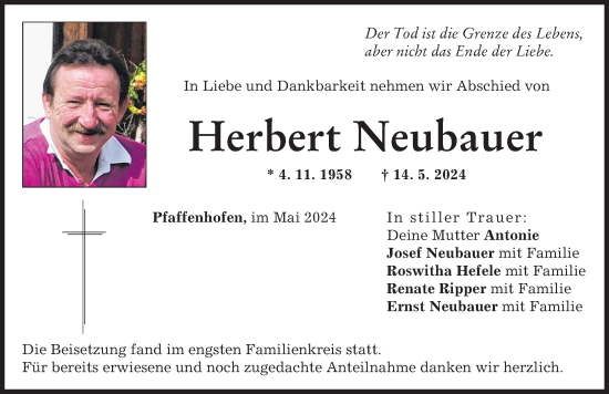 Traueranzeige von Herbert Neubauer von Wertinger Zeitung, Donauwörther Zeitung