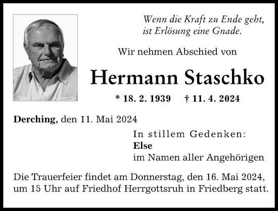 Traueranzeige von Hermann Staschko von Friedberger Allgemeine