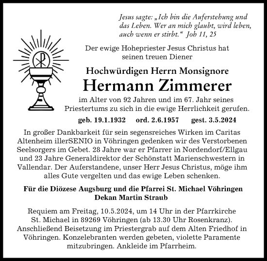 Traueranzeige von Hermann Zimmerer von Augsburger Allgemeine