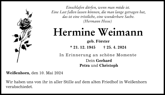 Traueranzeige von Hermine Weimann von Neu-Ulmer Zeitung