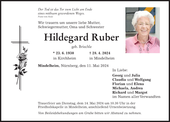 Traueranzeige von Hildegard Ruber von Mindelheimer Zeitung