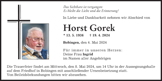 Traueranzeige von Horst Gorek von Schwabmünchner Allgemeine