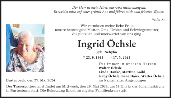 Traueranzeige von Ingrid Öchsle von Günzburger Zeitung
