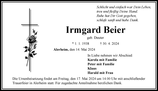 Traueranzeige von Irmgard Beier von Rieser Nachrichten