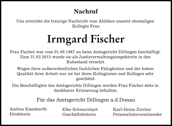 Traueranzeige von Irmgard Fischer von Donau Zeitung