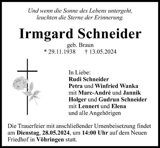 Traueranzeige von Irmgard Schneider von Illertisser Zeitung