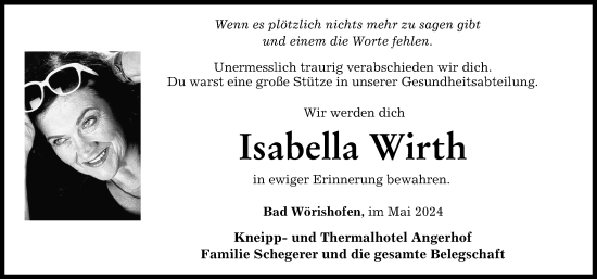 Traueranzeige von Isabella Wirth von Mindelheimer Zeitung