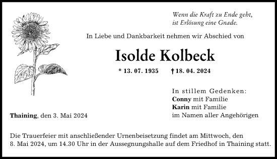 Traueranzeige von Isolde Kolbeck von Landsberger Tagblatt