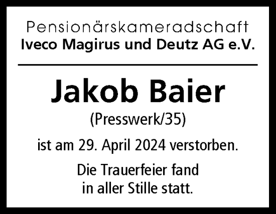Traueranzeige von Jakob Baier von Illertisser Zeitung, Günzburger Zeitung, Neu-Ulmer Zeitung