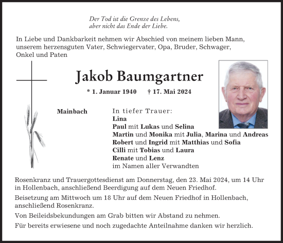 Traueranzeige von Jakob Baumgartner von Aichacher Nachrichten