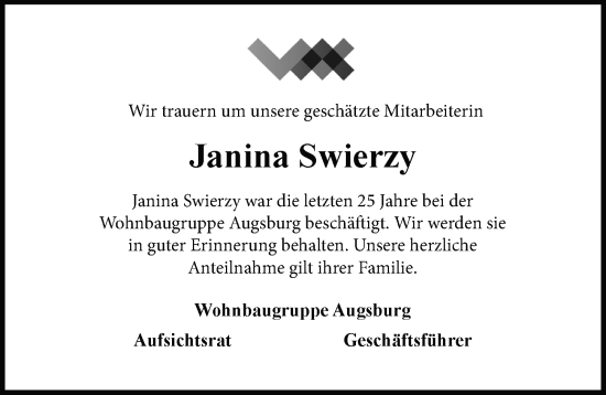Traueranzeige von Janina Swierzy von Augsburger Allgemeine
