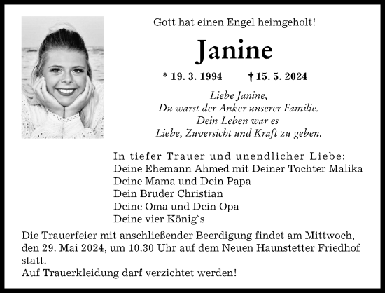 Traueranzeige von Janine  von Augsburger Allgemeine