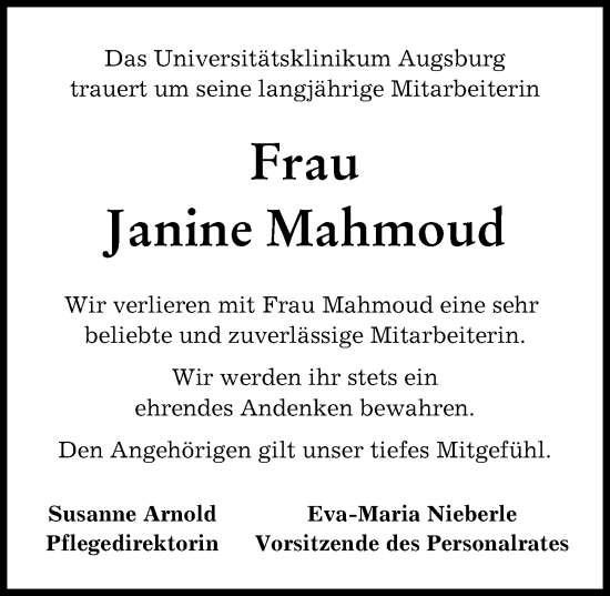 Traueranzeige von Janine Mahmoud von Augsburger Allgemeine