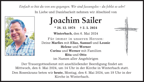 Traueranzeige von Joachim Sailer von Günzburger Zeitung