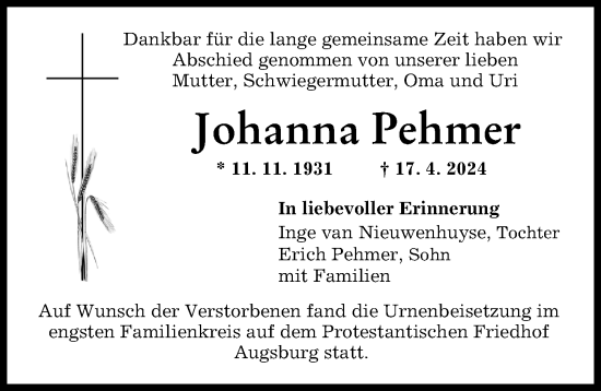 Traueranzeige von Johanna Pehmer von Augsburger Allgemeine