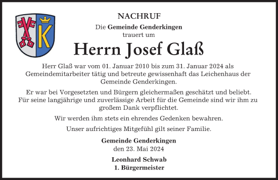 Traueranzeige von Josef Glaß von Donauwörther Zeitung