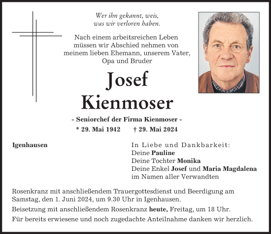 Traueranzeige von Josef Kienmoser von Augsburger Allgemeine, Aichacher Nachrichten