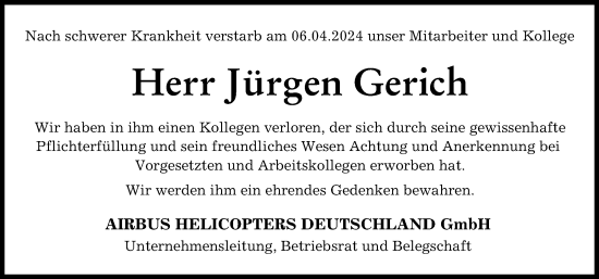 Traueranzeige von Jürgen Gerich von Neuburger Rundschau, Donauwörther Zeitung