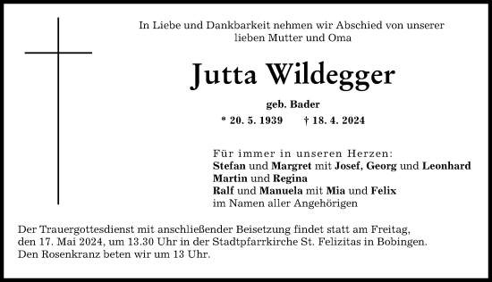 Traueranzeige von Jutta Wildegger von Schwabmünchner Allgemeine