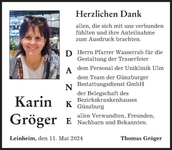 Traueranzeige von Karin Gröger von Günzburger Zeitung