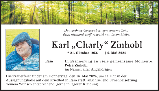 Traueranzeige von Karl Zinhobl von Donauwörther Zeitung