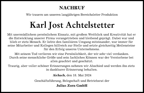 Traueranzeige von Karl Jost Achtelstetter von Aichacher Nachrichten