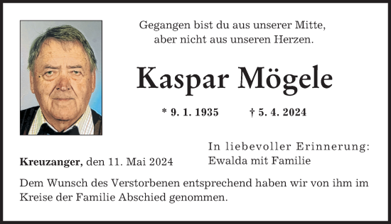 Traueranzeige von Kaspar Mögele von Augsburger Allgemeine