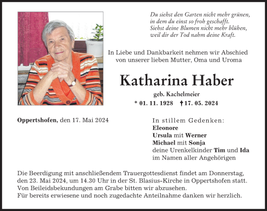Traueranzeige von Katharina Haber von Donauwörther Zeitung