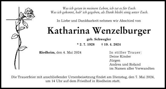 Traueranzeige von Katharina Wenzelburger von Günzburger Zeitung