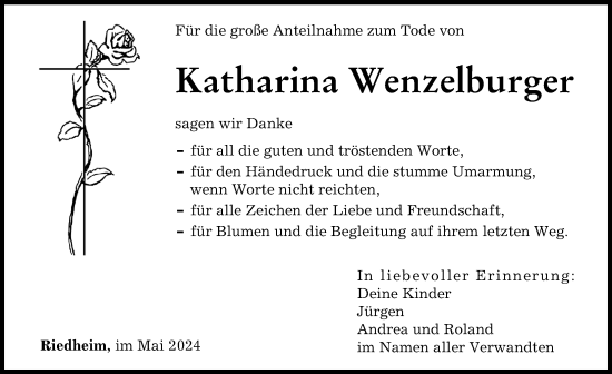 Traueranzeige von Katharina Wenzelburger von Günzburger Zeitung