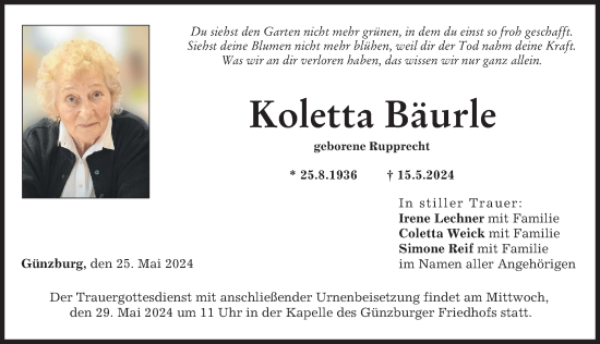 Traueranzeige von Koletta Bäurle von Günzburger Zeitung