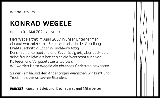 Traueranzeige von Konrad Wegele von Mittelschwäbische Nachrichten