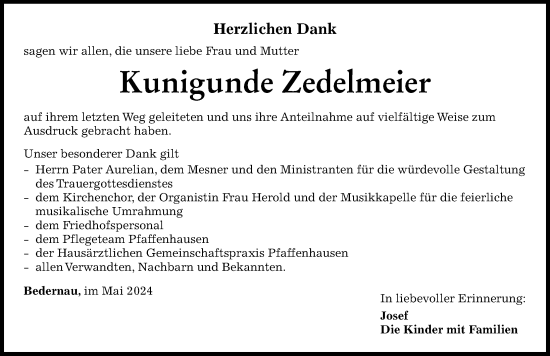 Traueranzeige von Kunigunde Zedelmeier von Mindelheimer Zeitung