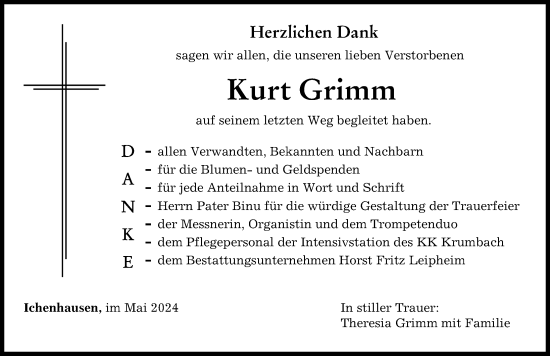 Traueranzeige von Kurt Grimm von Günzburger Zeitung