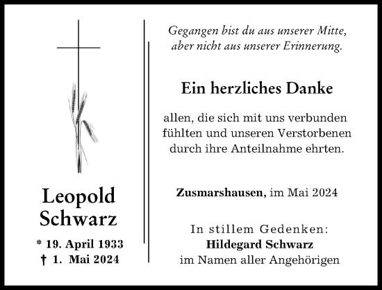 Traueranzeige von Leopold Schwarz von Augsburg-Land