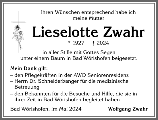 Traueranzeige von Lieselotte Zwahr von Mindelheimer Zeitung