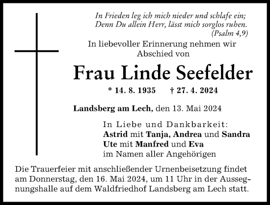 Traueranzeige von Linde Seefelder von Landsberger Tagblatt