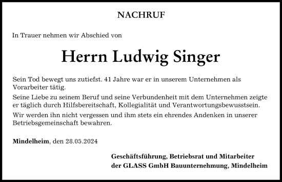 Traueranzeige von Ludwig Singer von Mindelheimer Zeitung