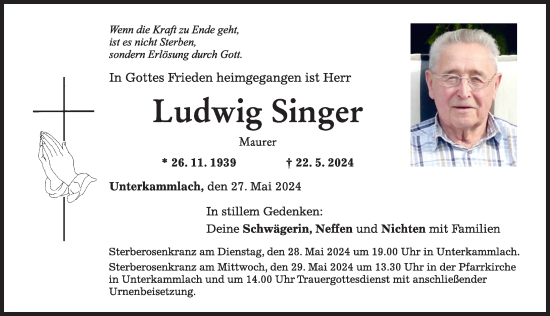 Traueranzeige von Ludwig Singer von Mindelheimer Zeitung