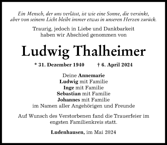 Traueranzeige von Ludwig Thalheimer von Landsberger Tagblatt